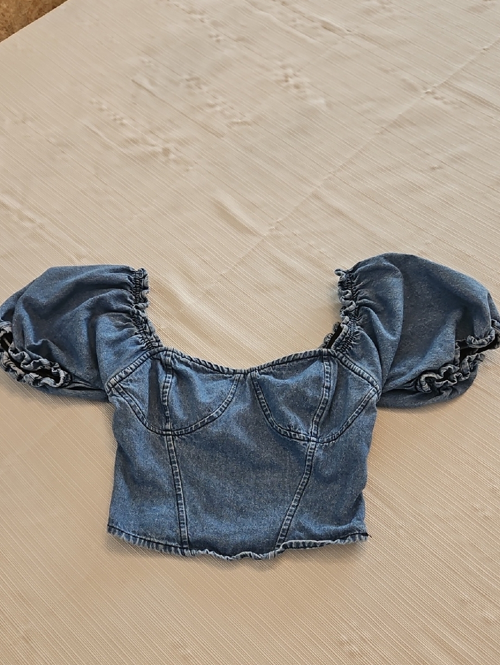 Women's Blue Denim Puff-Sleeve Cropped Top